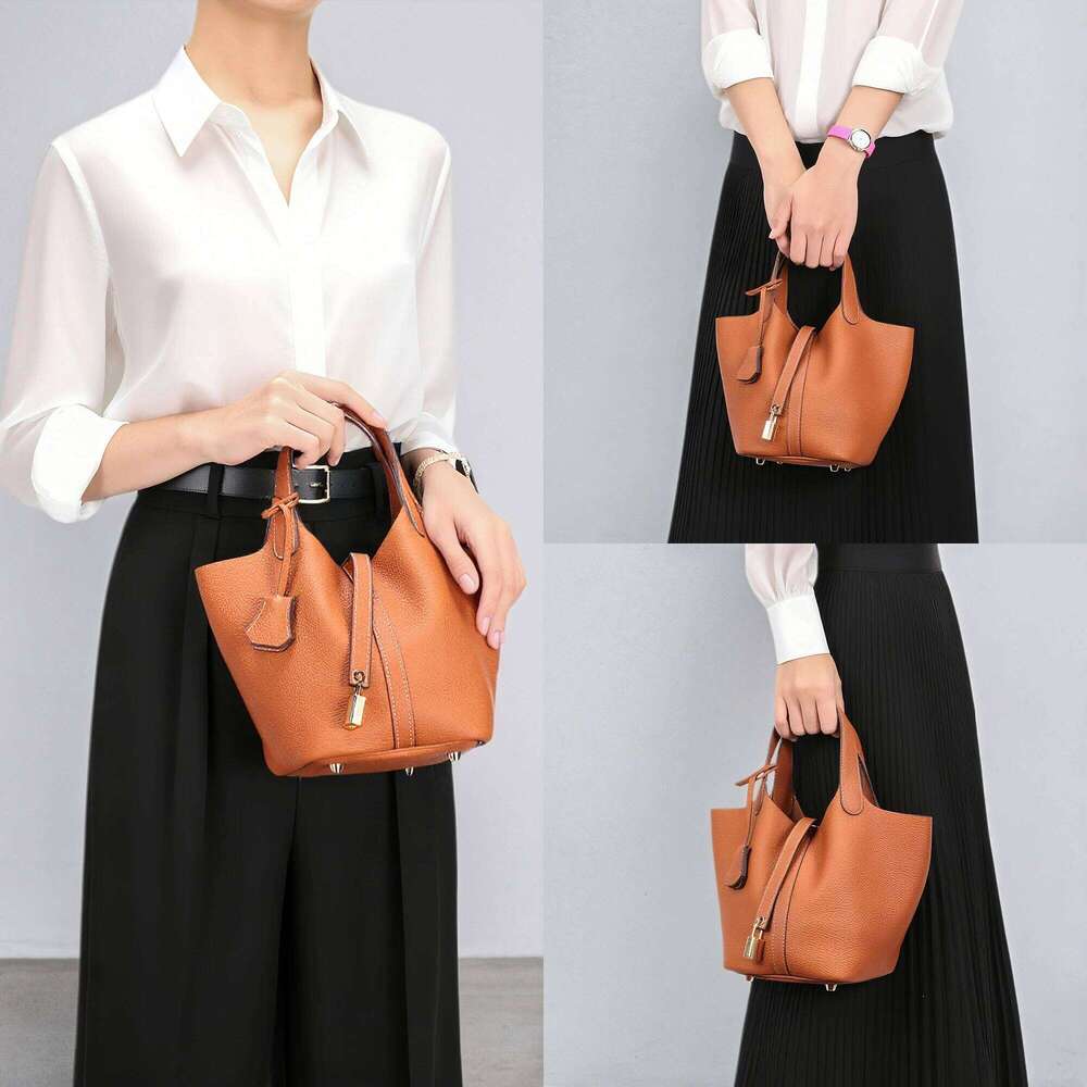 Casual Fashion Women Luxury Bucket Tote Bag, High End Genuine Cow Leather Mommy Handbag, Retro Metal Lock Daily Office Travel Shoulder Crossbody Bag S
