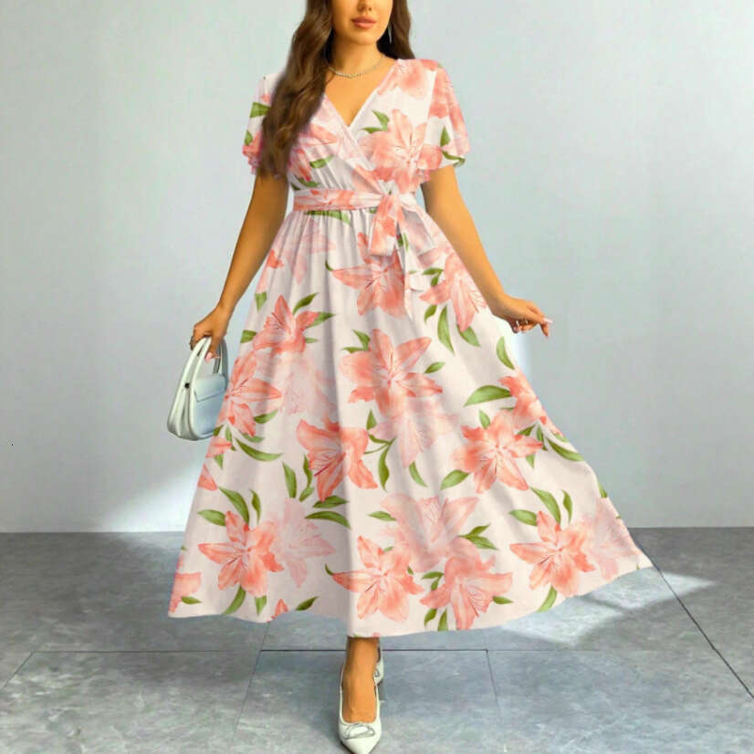 Niche Designer Luxury New Arrival Women V Neck Printed Short Sleeve Dress, Casual Vacation Loose Elegant Dress, All Colors Sizes In StockMAKOUFEI