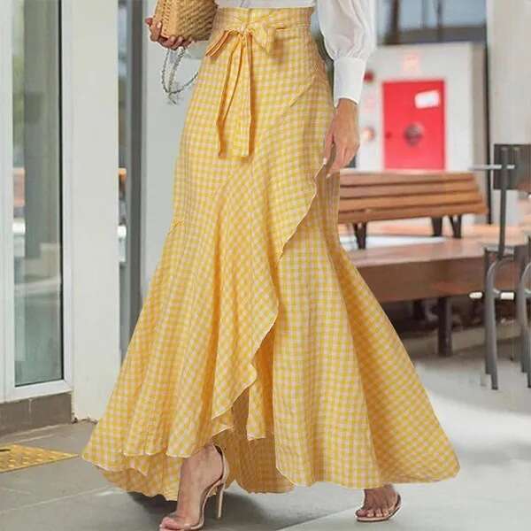 New European American Women Plaid Mermaid Skirt, High Waist Ruffled Irregular Hem, Ruffle Trim Umbrella Wrap Casual Elegant Long Maxi Skirt MAKOUFEI