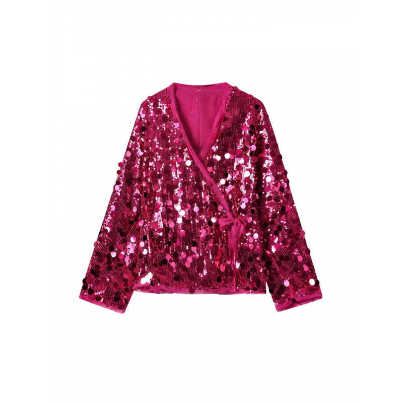 Fashion Sequins Womens Lace Up Coat Glitter Street Vneck Female Jacket Long Sleeve Loose Autumn Holiday Party Lady Tops 250828