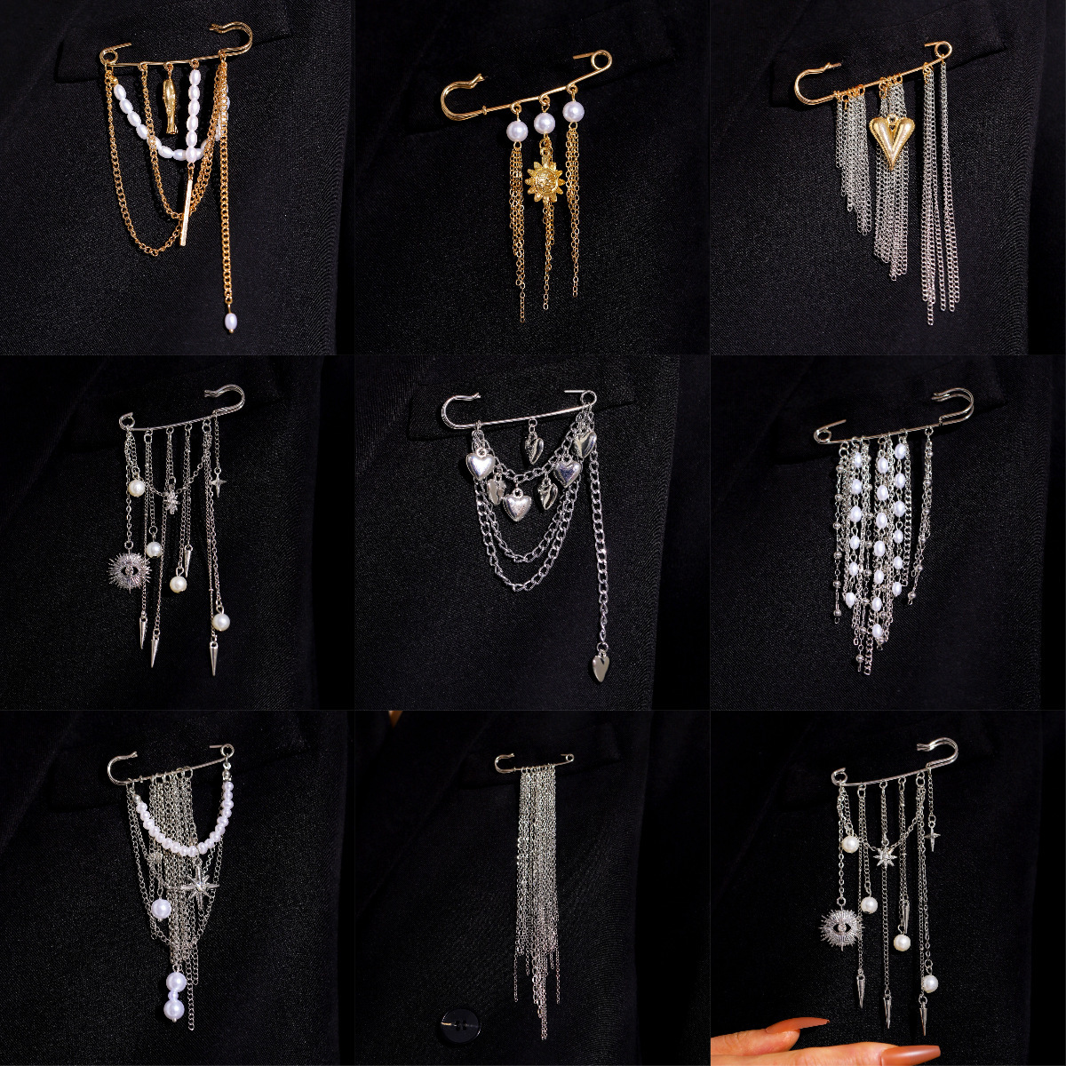 Designer minimalist jewelry: paperclip chain brooch, punk hip-hop heart pin, tassel accessory for suits, for men and women