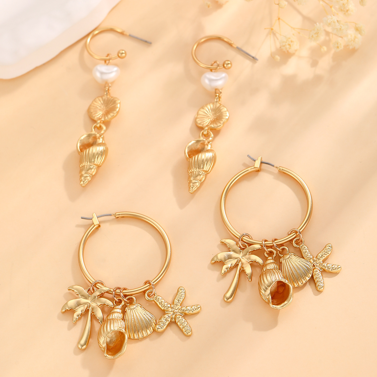 Designer European and American cross-border fashion accessories ocean series pearl conch shell starfish earrings holiday style earrings for women