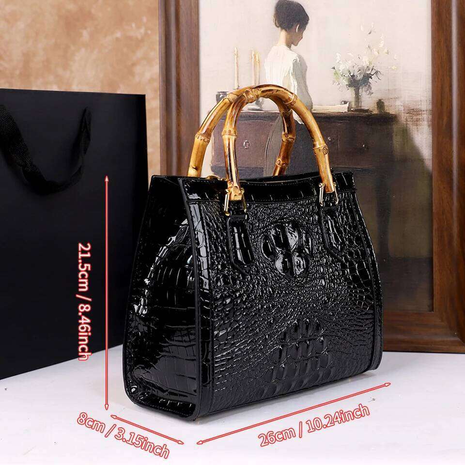 New Crocodile Patterned Middle Aged Mom Bag, Genuine Leather Bamboo Joint Handle Handbag, High End Luxury Single Shoulder Crossbody Bag SENYY