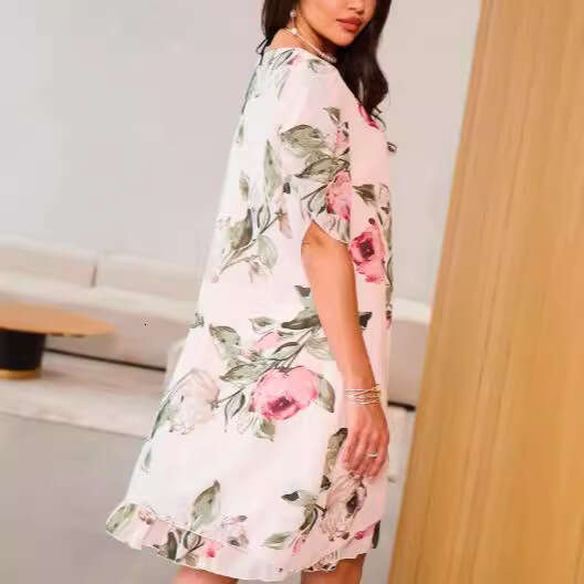 New European American Women Casual Chiffon Printed Dress, High End Loose Fit Round Neck Elegant Party Office Daily Midi Dress MAKOUFEI