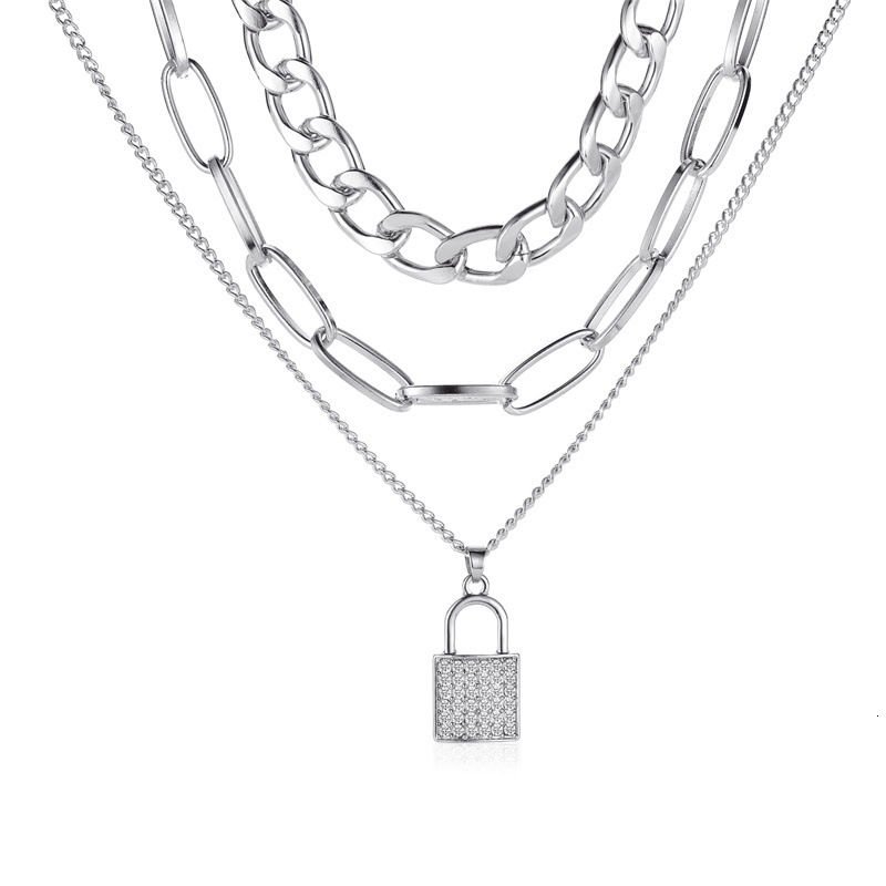 Designer European and American Cross-Border Thick Chain Lock Necklace for Women Punk Style Micro-Inlaid 3-Layer Lock Pendant Multi-Layer Necklace