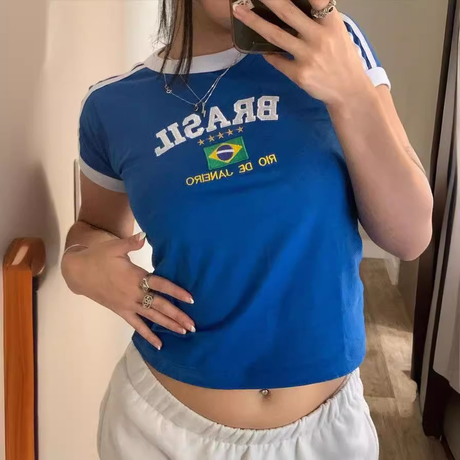 Women's Brazil Brasil Flag Crop Top Green Y2K Short Sleeve Fitted T-Shirt