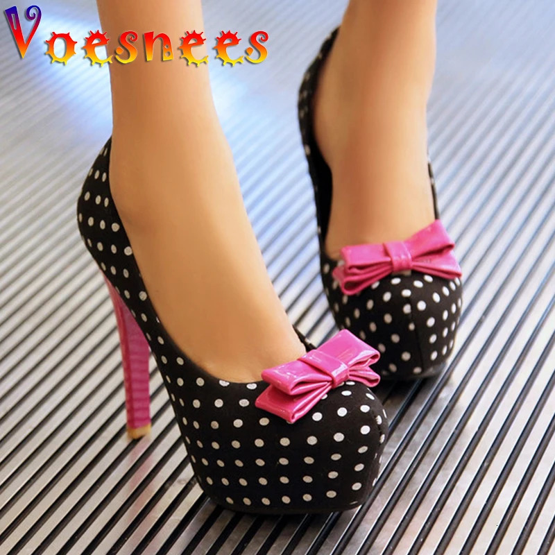 2026 Spring Autumn Womens Pumps Sweet Bow Polka Dot High-Heeled Single Shoes Round Toe Thin Heels Plus Size Women Shoes 260428