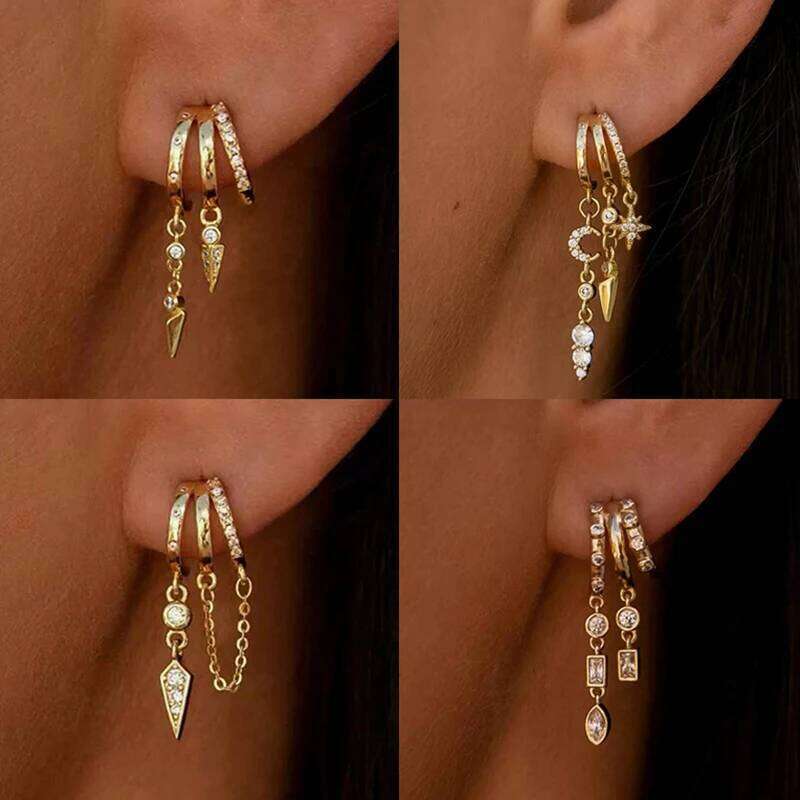 Luxury Rhinestone Moon Star Tassel Earrings for Women Zircon Crystal Gold Color Drop Earring Stack Ear Pierc Jewelry Gifts New