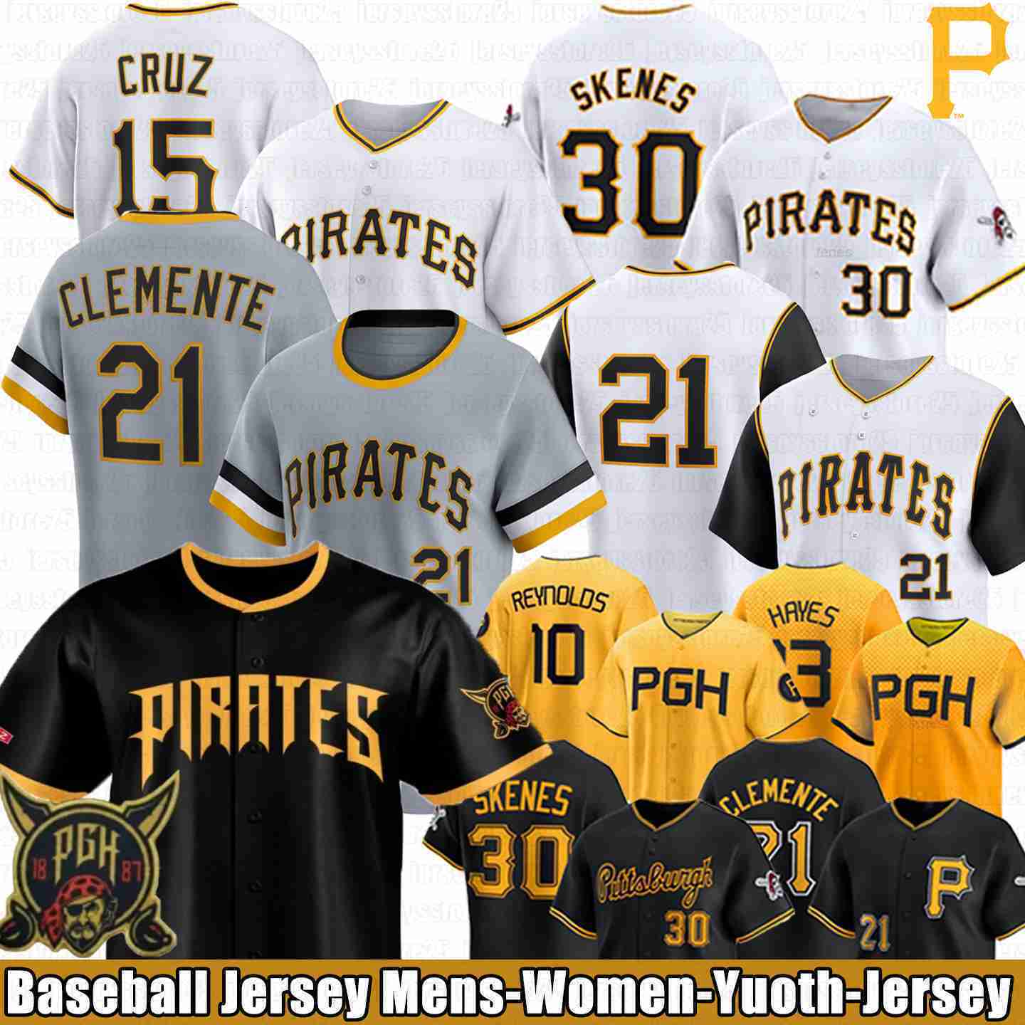 Paul Skenes Pirates Baseball Jersey 2026 Roberto Clemente Bryan Reynolds Oneil Cruz Willie Stargell Joey Bart Spencer Horwitz Brandan Bidois Pittsburg