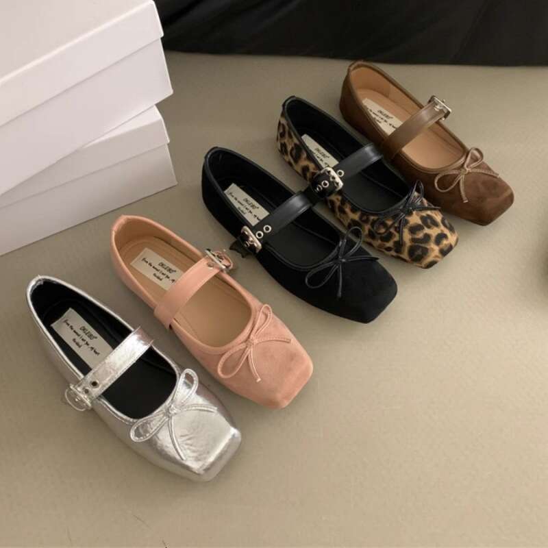 Internet Celebrity Square Toe Women's Autumn New Flat Bowknot Single Ballet Silver Belt Buckle Mary Jane Shoes