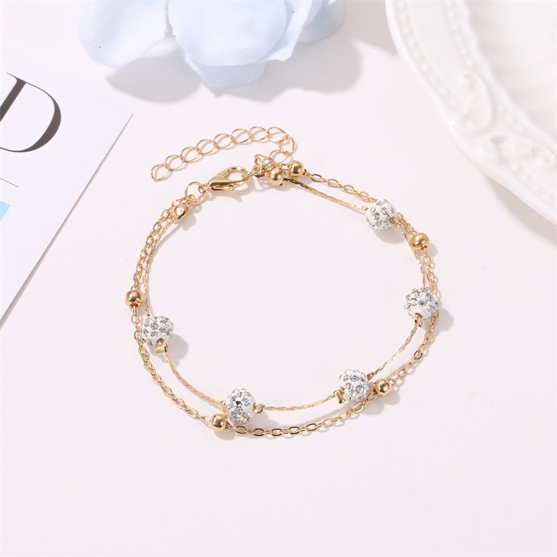 Designer European and American Niche Double Layer Anklet Shamballa Diamond Ball Crystal Anklet for Women Multi-layer Simple Alloy Beach Foot Jewelry