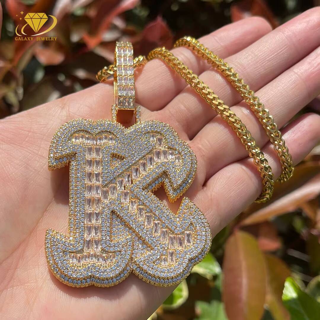 New Design Gold Plated Moissanite Letter Pendants Baguette Cut Iced Out Diamond 925 Silver Hip Hop Letters Pendant Necklace