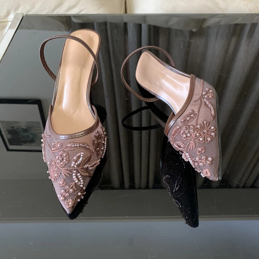 Summer Pointed Toe Mesh Embroider High Heels for ladies Elegant String Bead pumps Sexy y ner Shoe Brown Heeled Sandals 260428