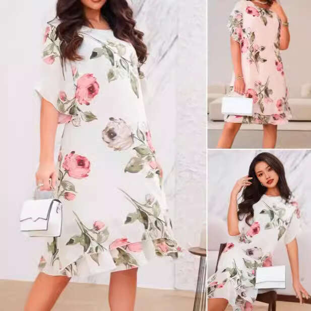 New European American Women Casual Chiffon Printed Dress, High End Loose Fit Round Neck Elegant Party Office Daily Midi Dress MAKOUFEI