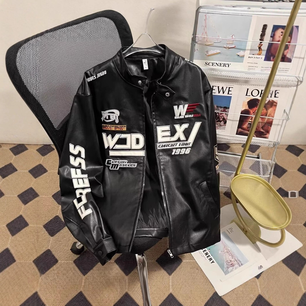 American fashion PU leather flame racing element embroidered zipper jacket mens Y2k autumn and winter couple jacket 250213
