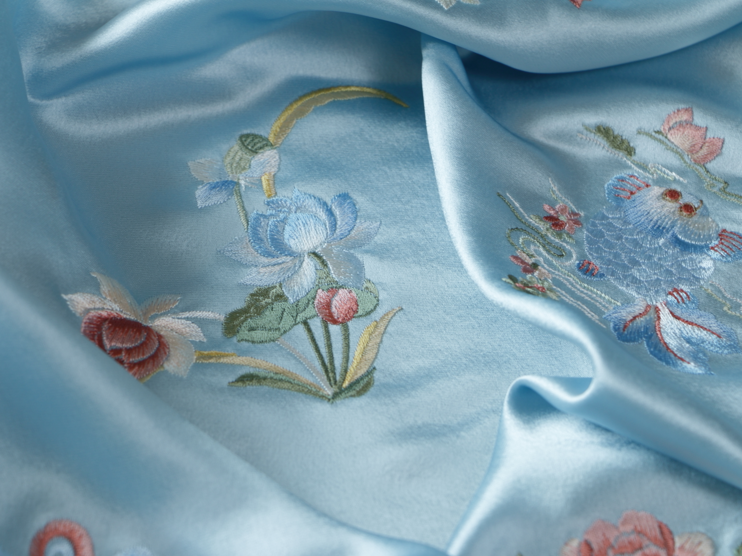 Retro Original Pattern, Skin-Friendly & Soft, Golden Fortune & Jade Peony Embroidered Acetate Satin, Chinese Style Fabric
