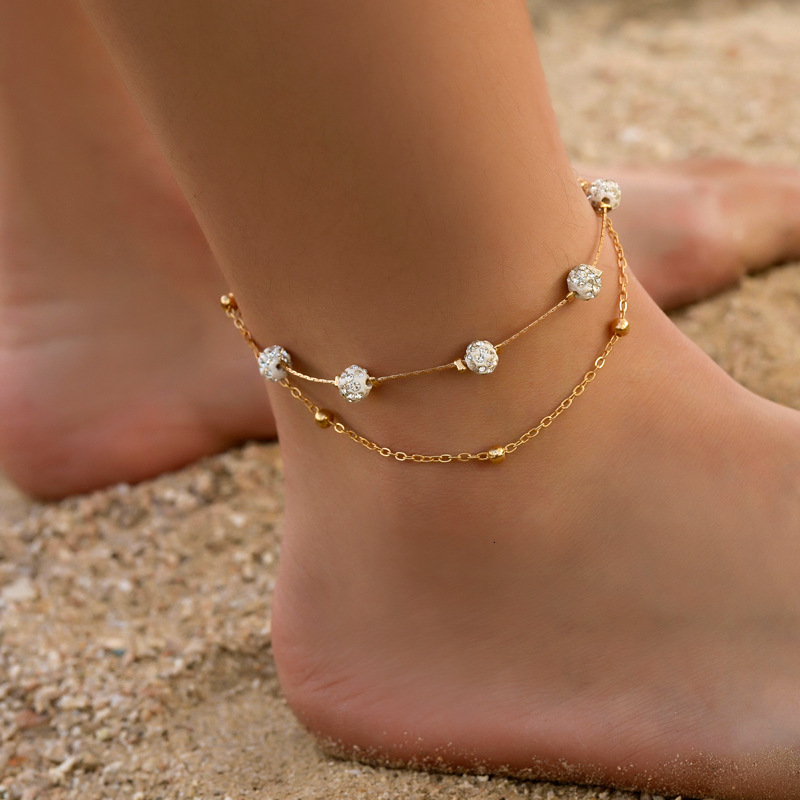 Designer European and American Niche Double Layer Anklet Shamballa Diamond Ball Crystal Anklet for Women Multi-layer Simple Alloy Beach Foot Jewelry