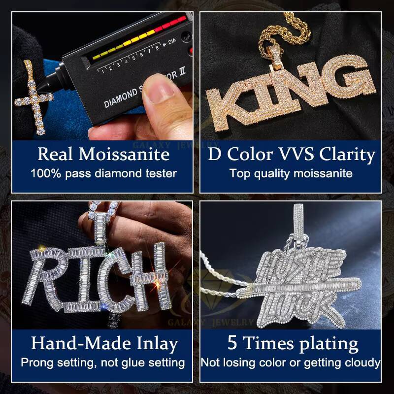 New Design Gold Plated Moissanite Letter Pendants Baguette Cut Iced Out Diamond 925 Silver Hip Hop Letters Pendant Necklace