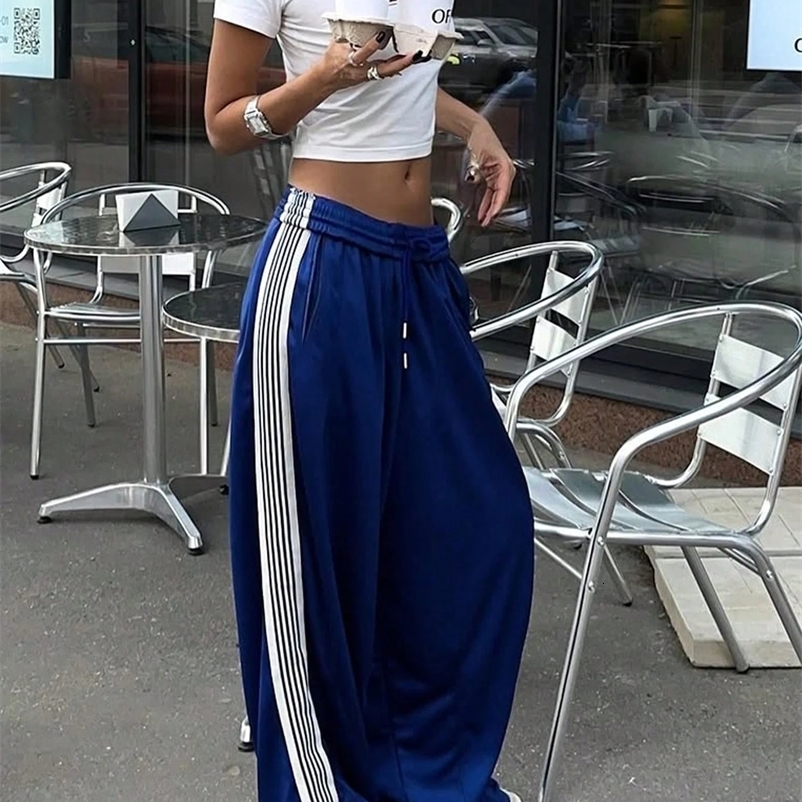 Womens Satin Wide Leg Track Pants Side Stripe Elastic Waist Casual Streetwear Trousers for Daily Fashion 260428