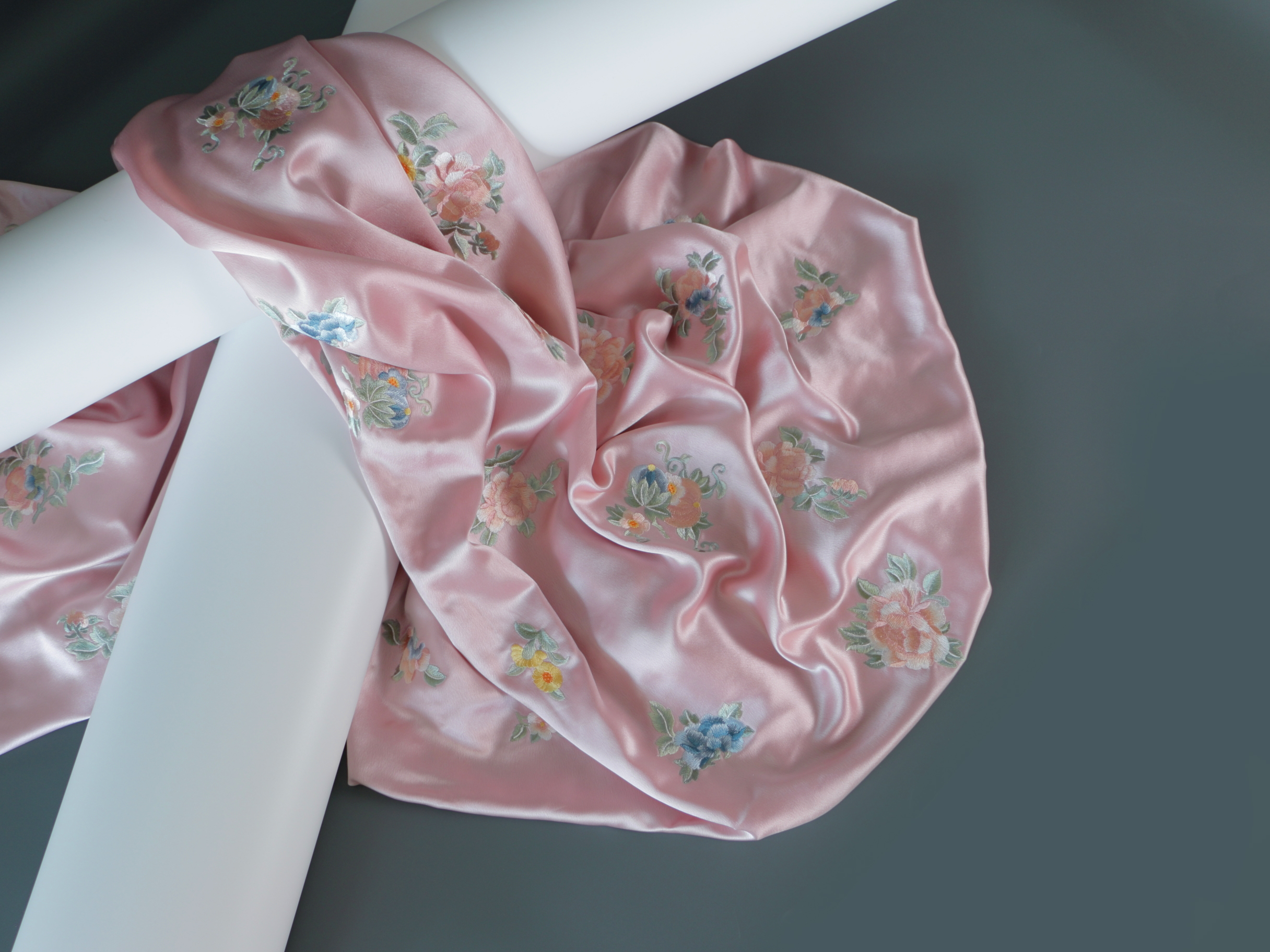 Retro Original Pattern, Skin-Friendly & Soft, Golden Fortune & Jade Peony Embroidered Acetate Satin, Chinese Style Fabric