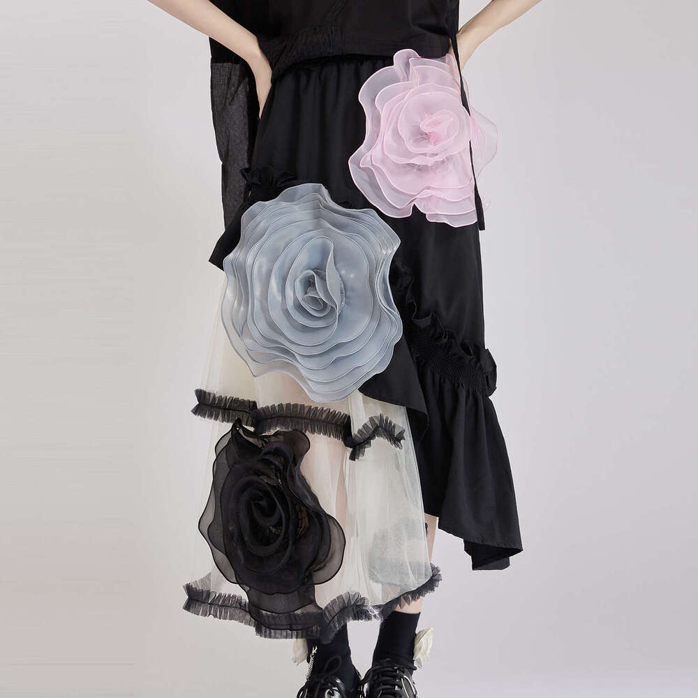 Niche Designer Luxury French Retro Women Midi Skirt, Irregular Mesh Patchwork Puffy Dress, Big Rose Print Elegant Party Casual Streetwear MAKOUFEI