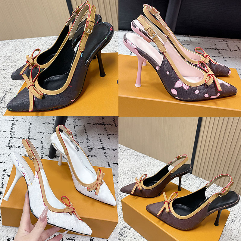 Bow tie Women High Heels sandals 2026S Womens TM 6AM Slingback Pump Black pointed Lady Scarpe da tacco alto Colorful floral canvas pattern decoration Stiletto Heel
