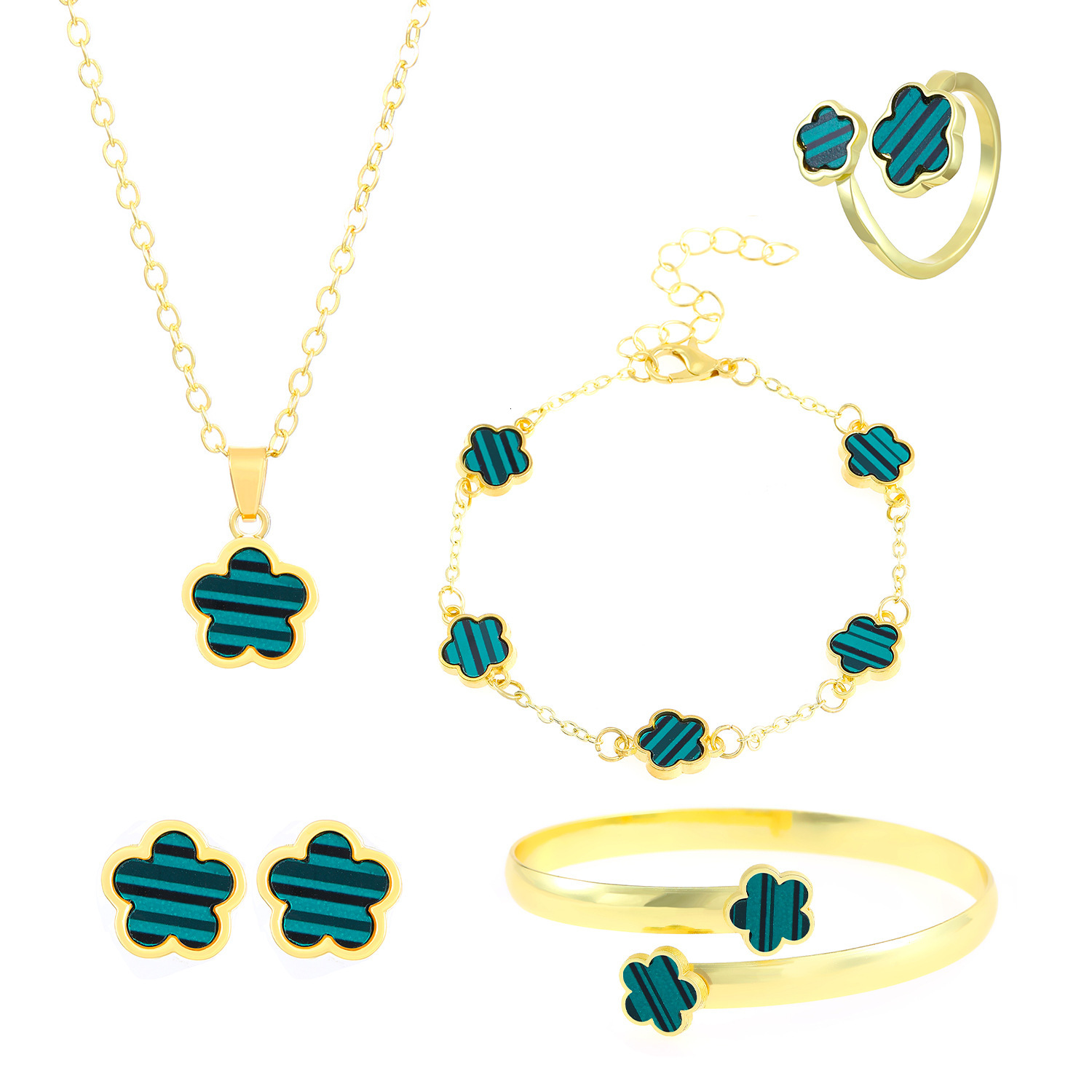 Designer European and American Cross-Border Hot-Selling Lucky Flower Jewelry Set Five-Leaf Clover Bracelet Earrings Necklace Ring Women's Accesso