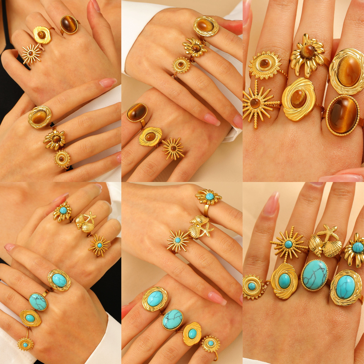 Designer European and American Cross-Border Retro Exaggerated Turquoise Stainless Steel Ring for Women, High-End Ins Style Irregular Open Ring