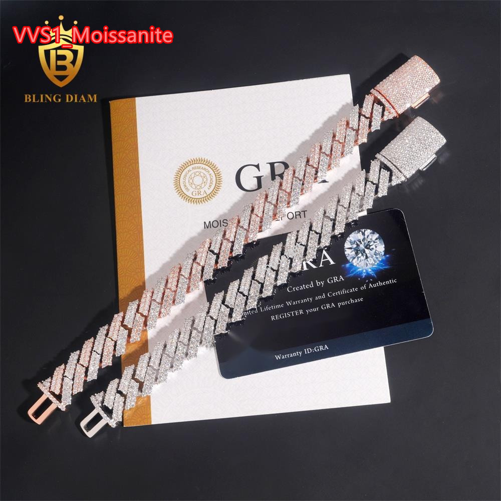 Hot Sale VVS Moissanite Cuban Link Chain Bracelet Men 15mm Pass Diamond Tester Hip Hop 925 Iced Out Jewelry Rose Gold