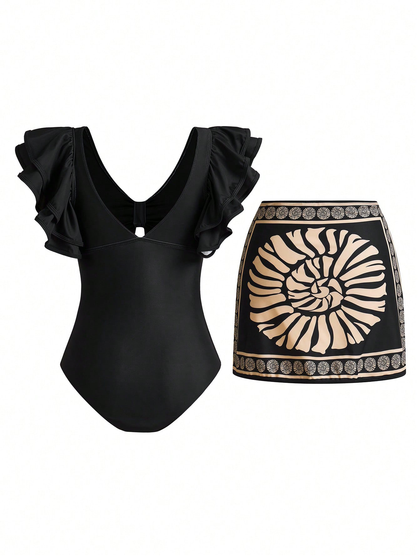 Ruffle Sexy Backless One-piece Swimsuit with Skirt, Women's 2-Piece Solid Color Foreign Trade Swimwear