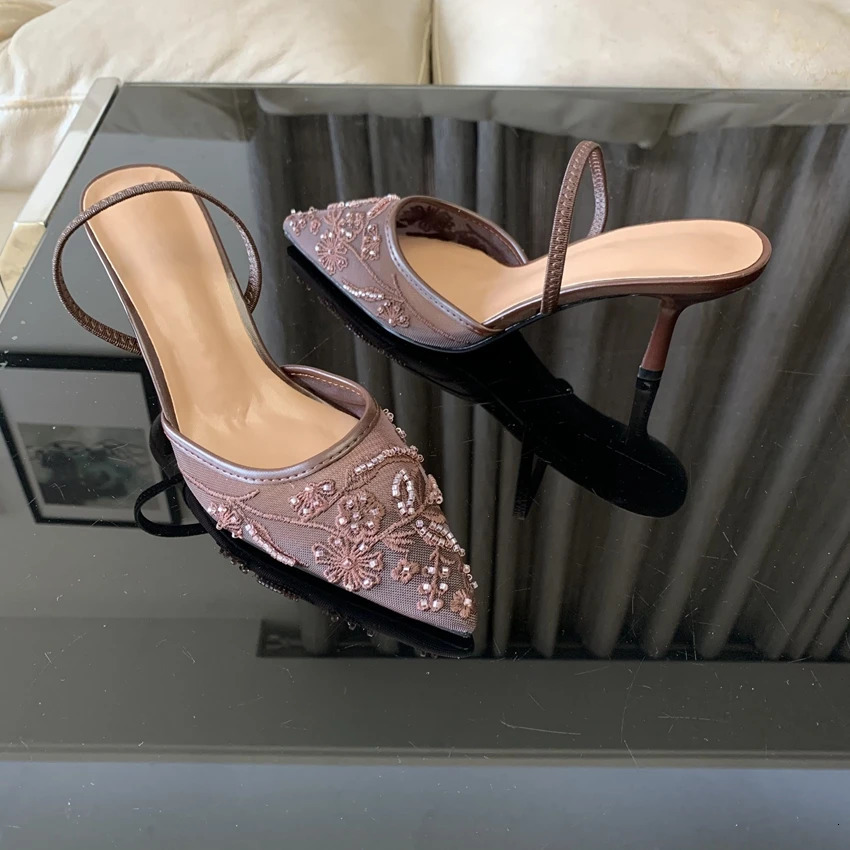 Summer Pointed Toe Mesh Embroider High Heels for ladies Elegant String Bead pumps Sexy y ner Shoe Brown Heeled Sandals 260428