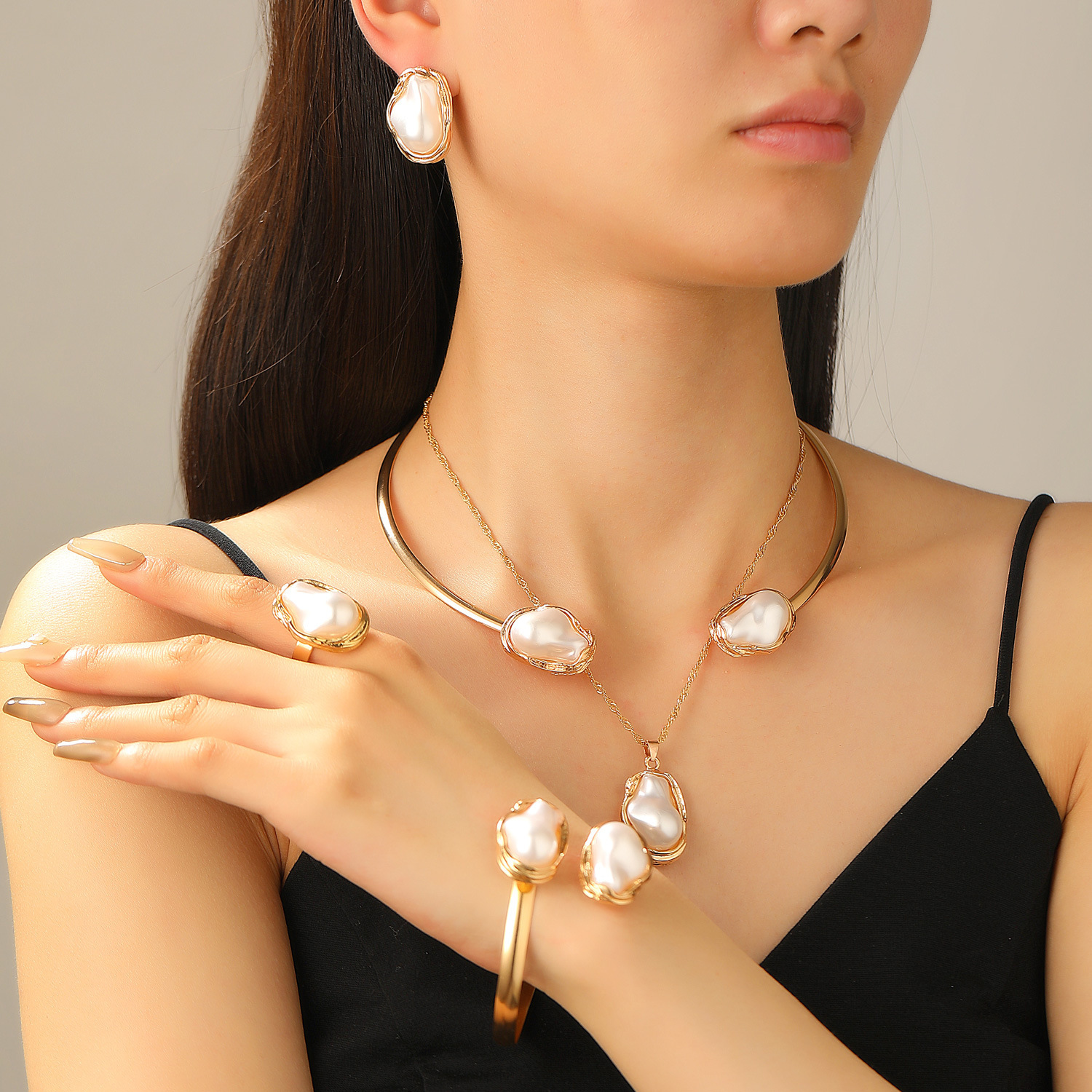Designer European and American Cross-Border Baroque Irregular Pearl Set Jewelry for Women High-End Necklace Earrings Ring Bracelet Choker