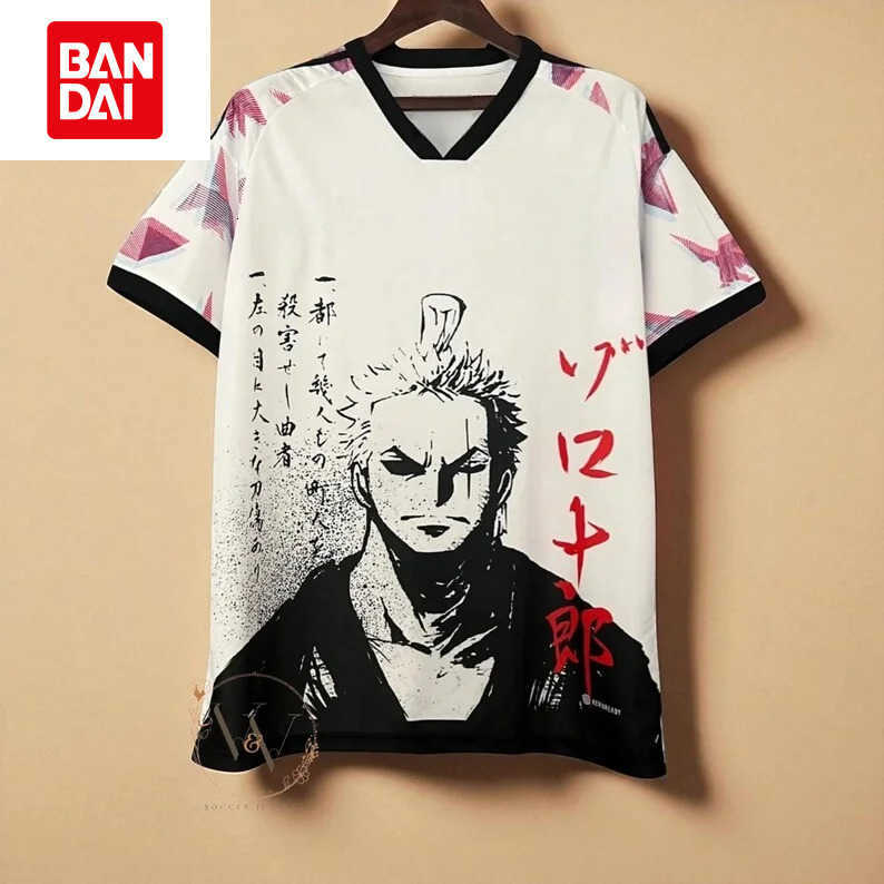 Bandai New Football Jerseys Japanese Anime Bandai One Piece Luffy and Zoro T-shirt Sporty Street Loose for Men and Children L260429