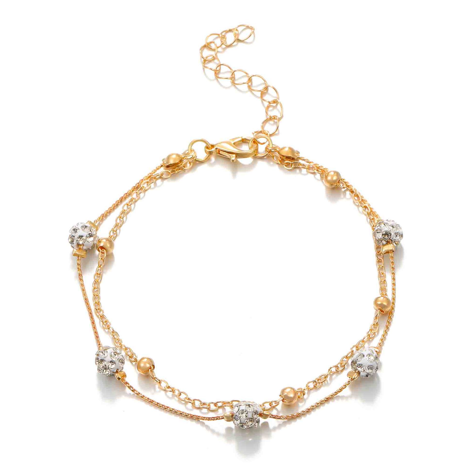 Designer European and American Niche Double Layer Anklet Shamballa Diamond Ball Crystal Anklet for Women Multi-layer Simple Alloy Beach Foot Jewelry