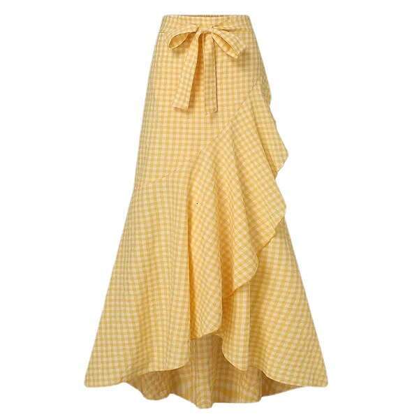 New European American Women Plaid Mermaid Skirt, High Waist Ruffled Irregular Hem, Ruffle Trim Umbrella Wrap Casual Elegant Long Maxi Skirt MAKOUFEI