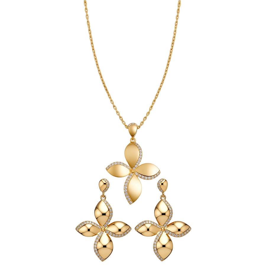 18K real gold plated silver needle zircon flower earrings necklace, light luxury niche collarbone chain, European and American metal style jewelry - view 9