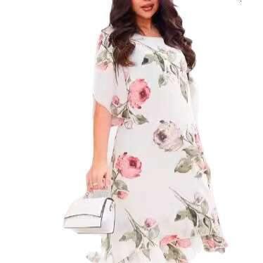 New European American Women Casual Chiffon Printed Dress, High End Loose Fit Round Neck Elegant Party Office Daily Midi Dress MAKOUFEI