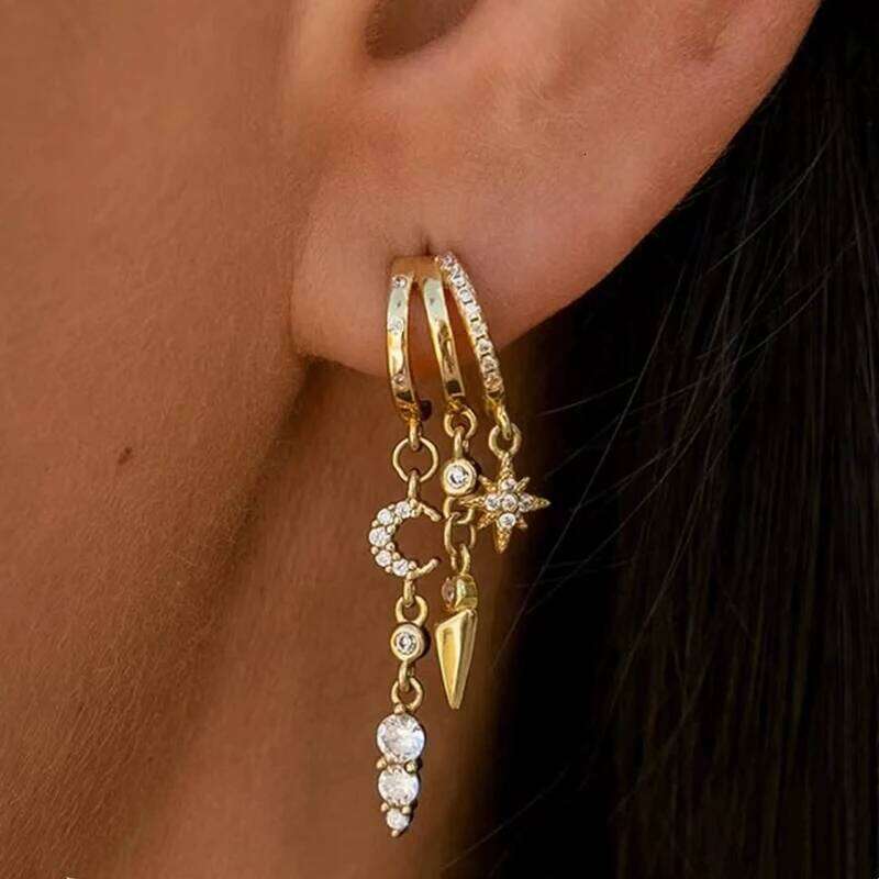 Luxury Rhinestone Moon Star Tassel Earrings for Women Zircon Crystal Gold Color Drop Earring Stack Ear Pierc Jewelry Gifts New