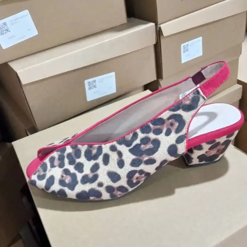 Leopard Print Peep Toe Slingback Womens Sandals Chunky Heels Office Shoes 260428