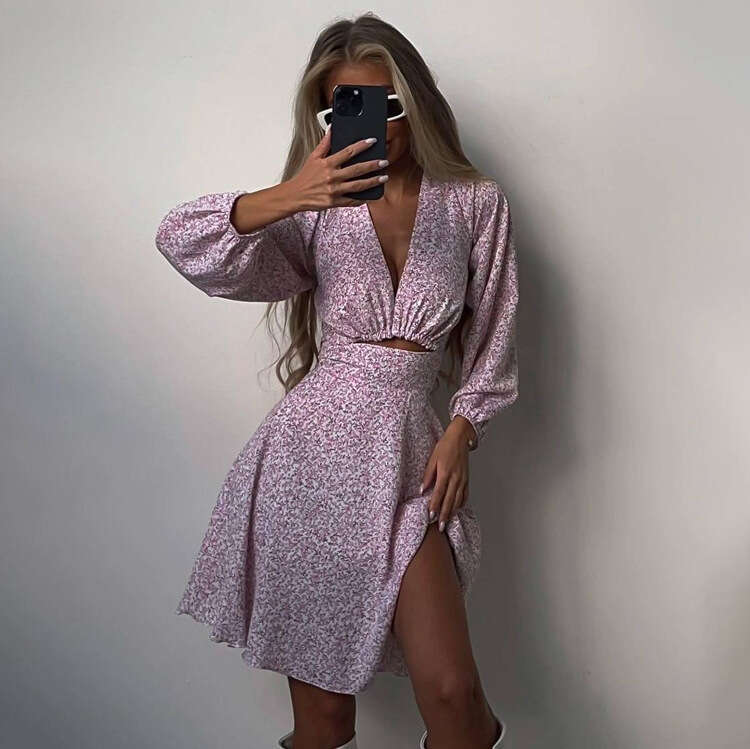 Summer New Foreign Trade Women French Printed Dress, Long Sleeve V Neck Slim Fit Elegant Casual Daily Party Office Midi Dress MAKOUFEI