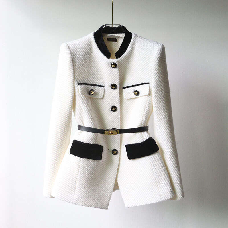 Coat Fashionable Mid Length Waist Slimming Outerwear Shoulder Standing Collar Outerwear Women's Clothing Light Luxury Commuter Elegant Coat Vinta