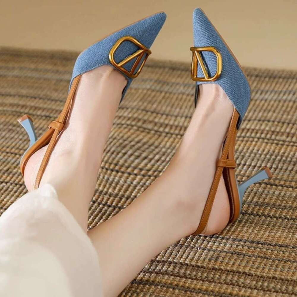 Korean Style High-End Elegant Pointed Toe Stiletto Heels Spring And Autumn New Stunning Temperament Versatile Denim Fabric High Heel Sandals