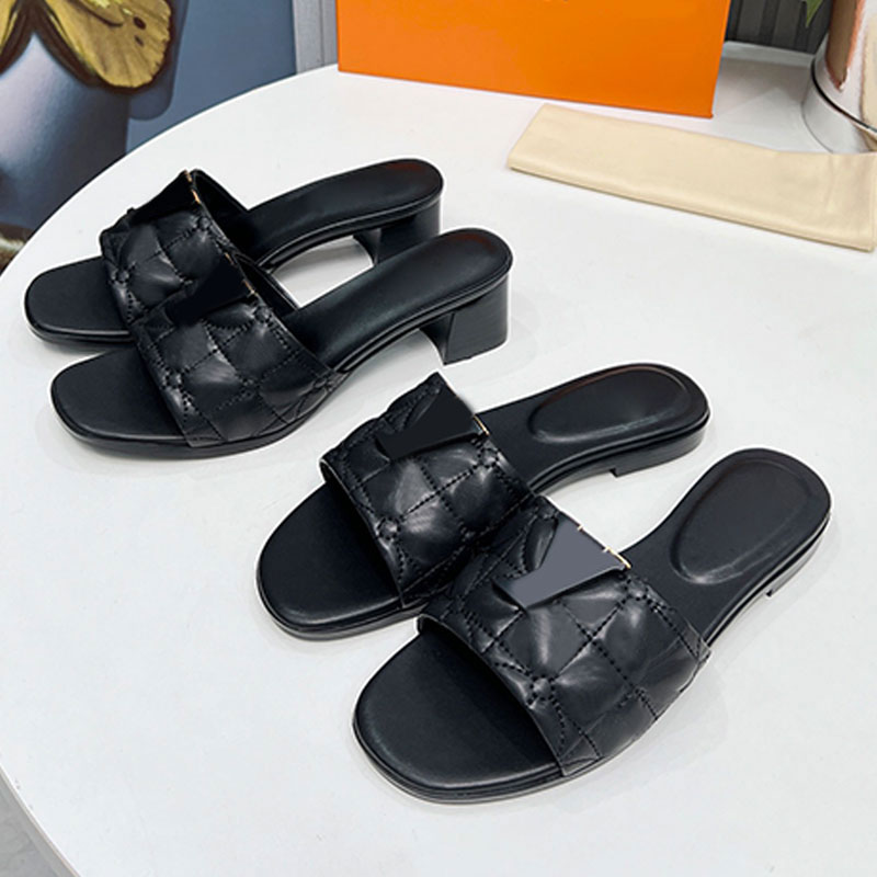 Square Toe Womens high heels designer Women sandals open toed flat slippers striped cowhide leather upper thick heel genuine leather outsole