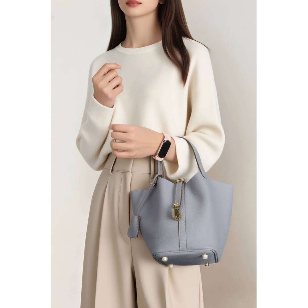 Casual Fashion Women Luxury Bucket Tote Bag, High End Genuine Cow Leather Mommy Handbag, Retro Metal Lock Daily Office Travel Shoulder Crossbody Bag S