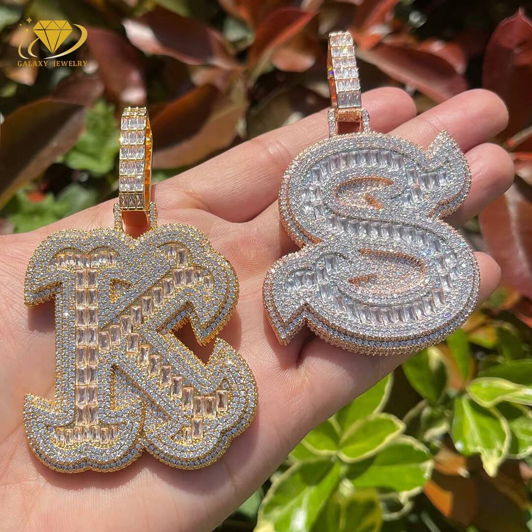 New Design Gold Plated Moissanite Letter Pendants Baguette Cut Iced Out Diamond 925 Silver Hip Hop Letters Pendant Necklace