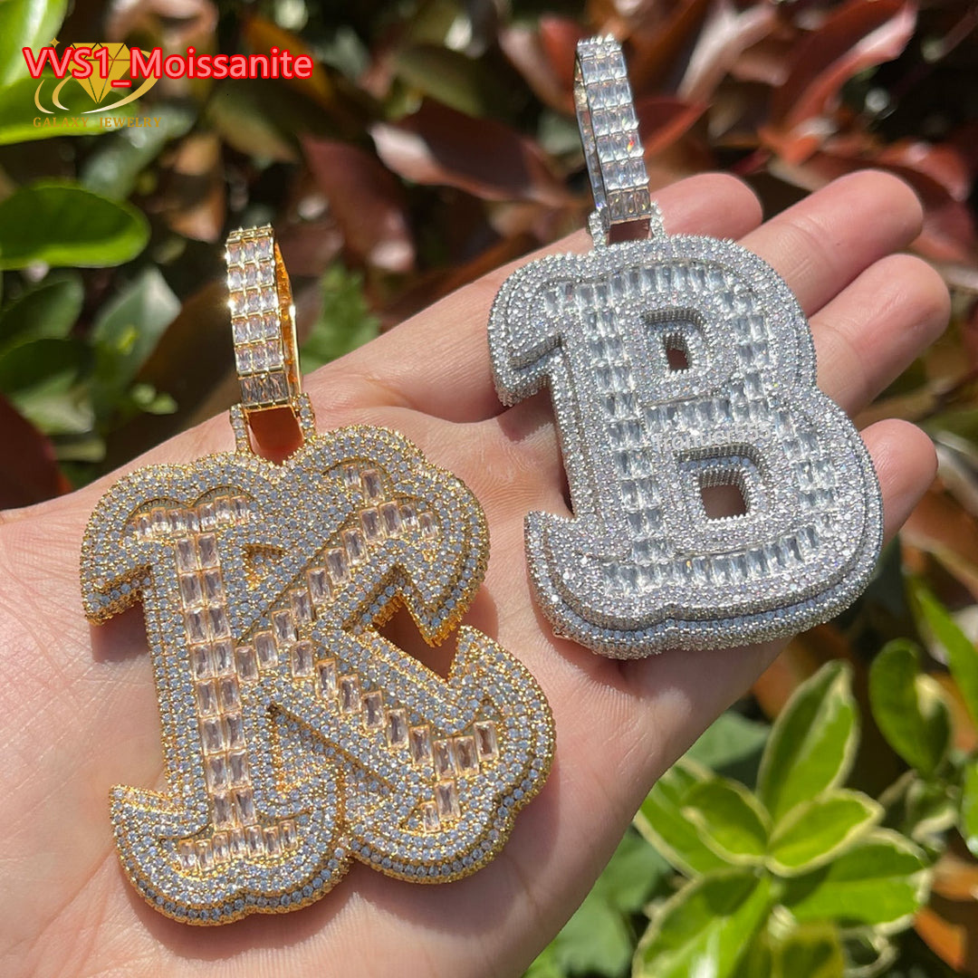 New Design Gold Plated Moissanite Letter Pendants Baguette Cut Iced Out Diamond 925 Silver Hip Hop Letters Pendant Necklace