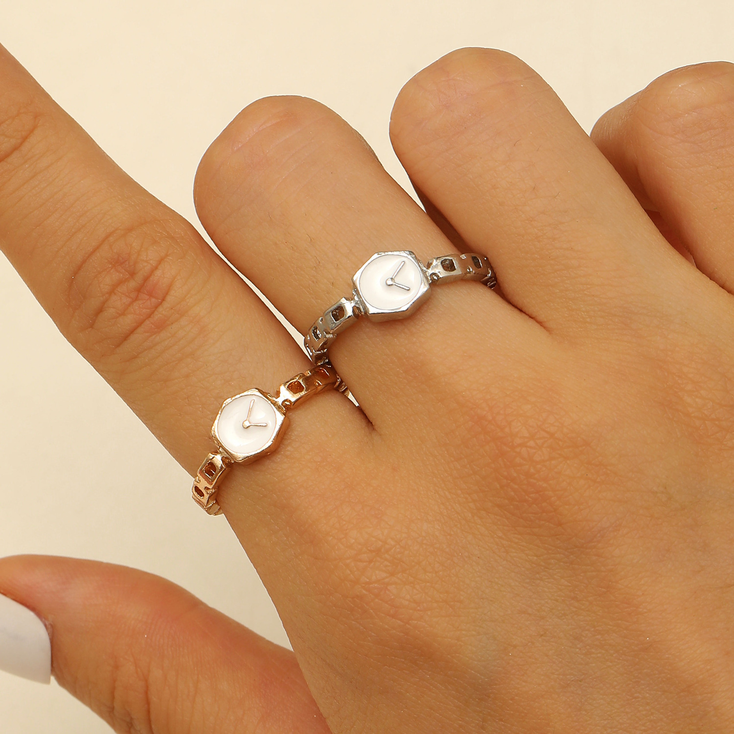 Designer Reverse Clock~ Minimalist Design Watch Band Ring for Women, Adjustable Open Thin Dripping Glaze Index Finger Ring with Chain