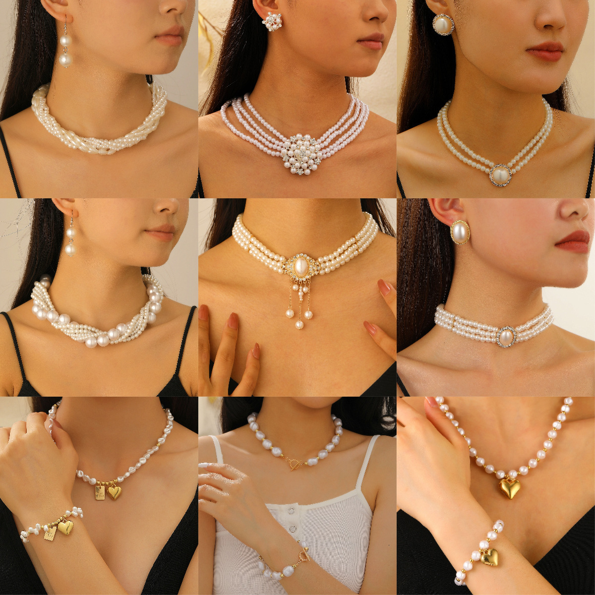 Designer multi-layer pearl jewelry set for women, ins-style European and American creative design V-neck choker, bracelet, necklace, earrings