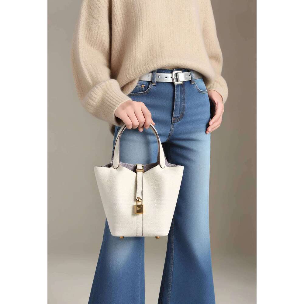 Casual Fashion Women Luxury Bucket Tote Bag, High End Genuine Cow Leather Mommy Handbag, Retro Metal Lock Daily Office Travel Shoulder Crossbody Bag S