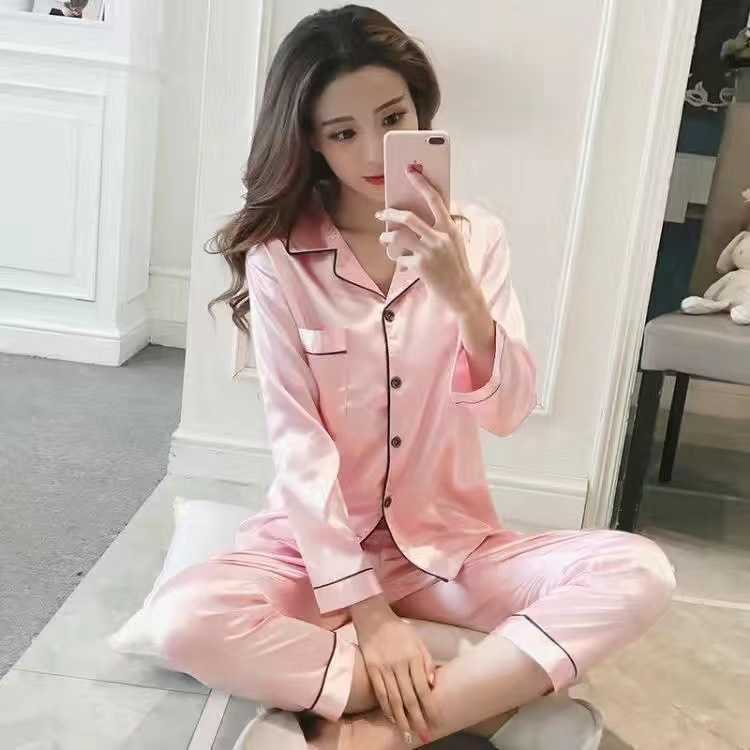 Womens 2Piece Solid Silky Pajama Set LongSleeve Buttons Lapel Top And Elastic Long Pants With Contrast Trim And Pockets Pjs1 D251020